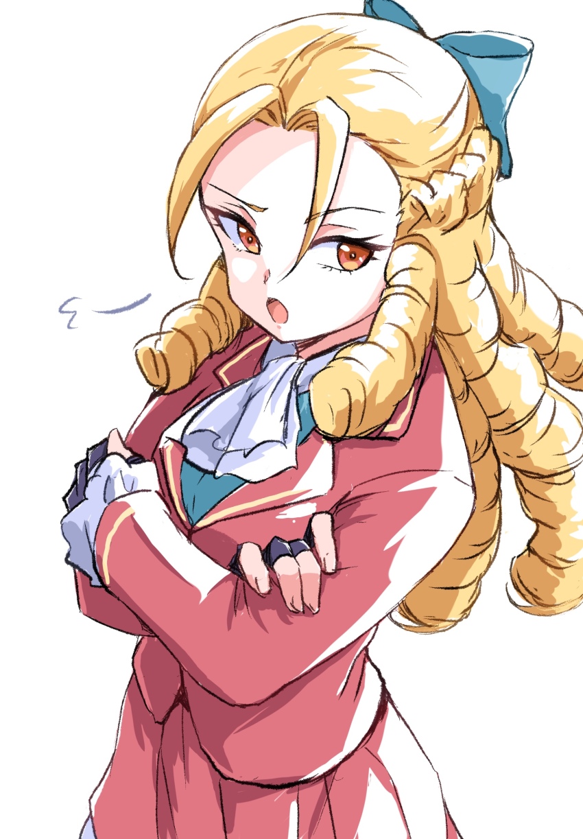 1girl :o ascot black_gloves blonde_hair blue_bow bow crossed_arms drill_hair fingerless_gloves gloves hair_bow highres ikaringo_(ikaringo4444) jacket kanzuki_karin long_hair long_sleeves open_mouth puff_of_air red_eyes red_jacket red_skirt skirt solo street_fighter white_ascot white_background