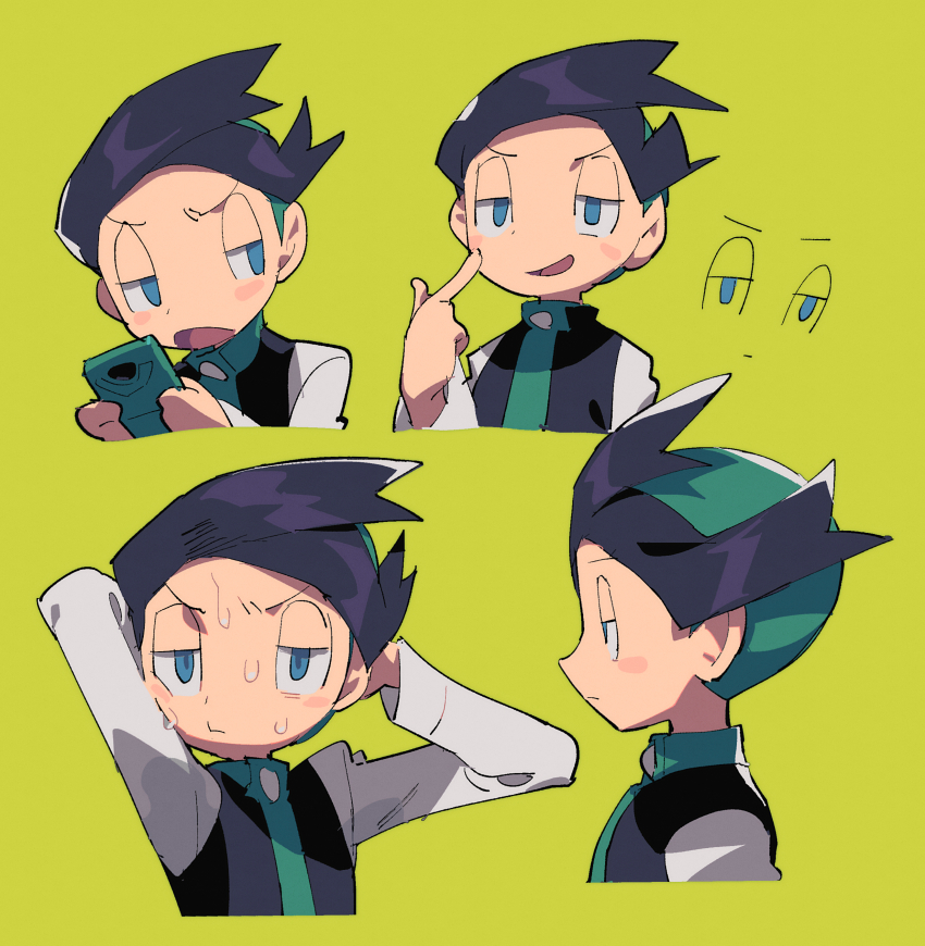 1boy absurdres black_hair blue_eyes blush_stickers closed_mouth commentary_request green_background green_hair green_necktie half-closed_eyes hand_up highres holding index_finger_raised long_sleeves looking_at_viewer male_focus multicolored_hair multiple_views necktie nintendo open_mouth pokemon pokemon_dppt pokemon_platinum shirt short_hair smile suzuka_g sweat thorton_(pokemon) two-tone_hair