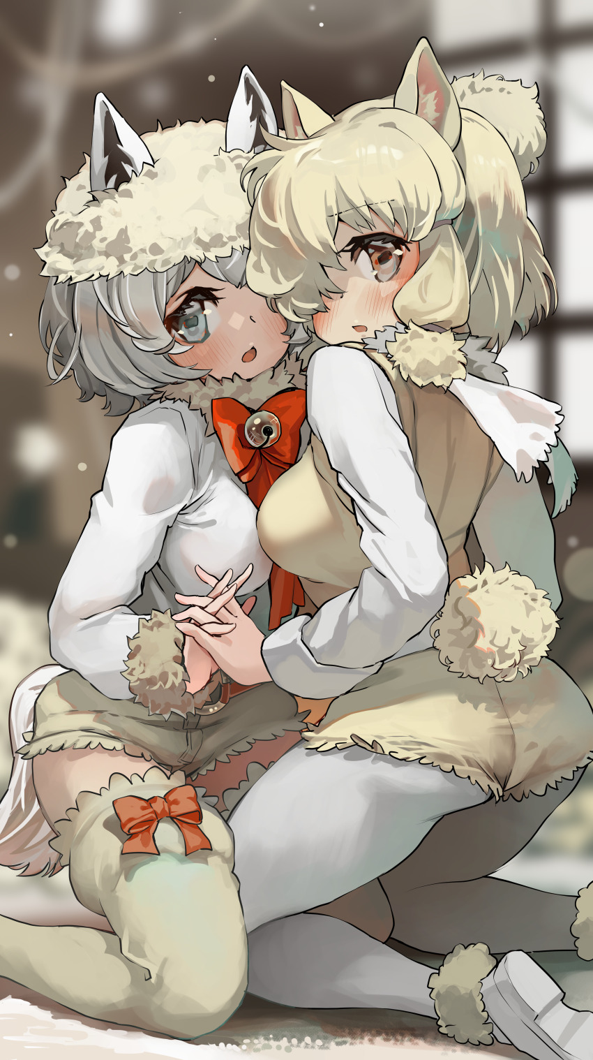 2girls absurdres alpaca_ears alpaca_girl alpaca_huacaya_(kemono_friends) alpaca_suri_(kemono_friends) alpaca_tail animal_ears ass bell blonde_hair blurry blurry_background blush bow bowtie breasts chestnut_mouth cutoffs ears_through_headwear flat_ass fur-trimmed_sleeves fur_collar fur_trim grey_eyes grey_hair hair_bun hair_over_one_eye hat highres holding_hands horizontal_pupils indoors interlocked_fingers kemono_friends kneeling leg_between_thighs long_bangs long_sleeves looking_at_viewer medium_breasts medium_hair melaton multiple_girls neck_bell parted_bangs parted_lips red_bow red_bowtie scarf shirt short_shorts shorts single_hair_bun sweater_vest tail thighhighs white_shirt