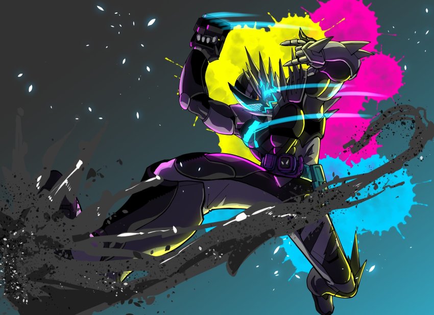 1boy \m/ amakawa_mayu armor asymmetrical_armor black_armor black_background black_scarf blue_eyes bodysuit commentary_request compound_eyes demon_boy rider_belt finishing_move full_body helmet highres ink kamen_rider kamen_rider_jack_revice kamen_rider_revi kamen_rider_revice kicking male_focus monsterification official_alternate_costume pink_armor rider_kick rolling_vistamp scarf sharp_teeth shoulder_armor simple_background spiked_armor splatter_print teeth tokusatsu weapon