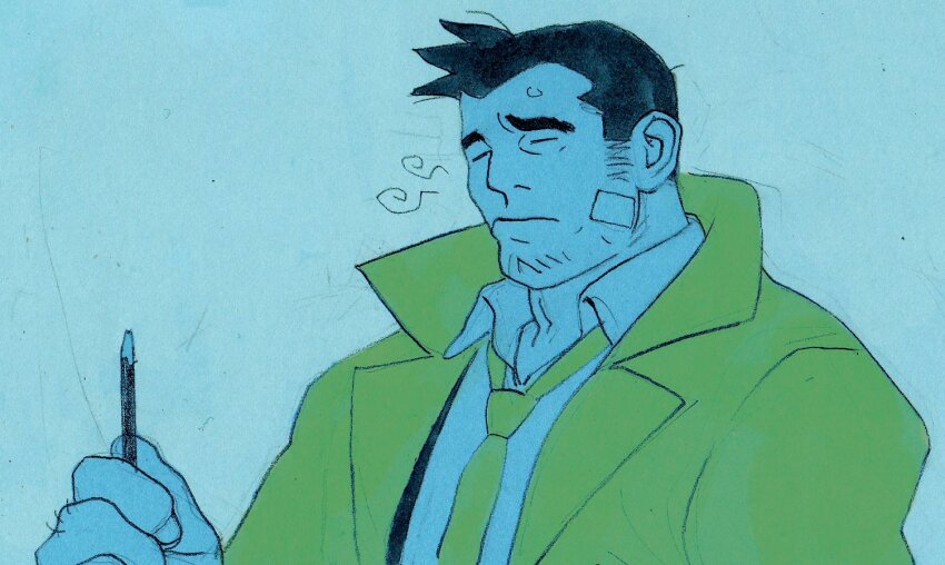 1boy ace_attorney adam&#039;s_apple bandage_on_face bandages bara closed_eyes closed_mouth coat collared_shirt dick_gumshoe facial_hair holding holding_pencil knuckle_hair large_hands limited_palette male_focus necktie noobboy_02 pencil shirt short_hair sideburns_stubble simple_background sleepy sparse_stubble stubble thick_eyebrows traditional_media white_shirt