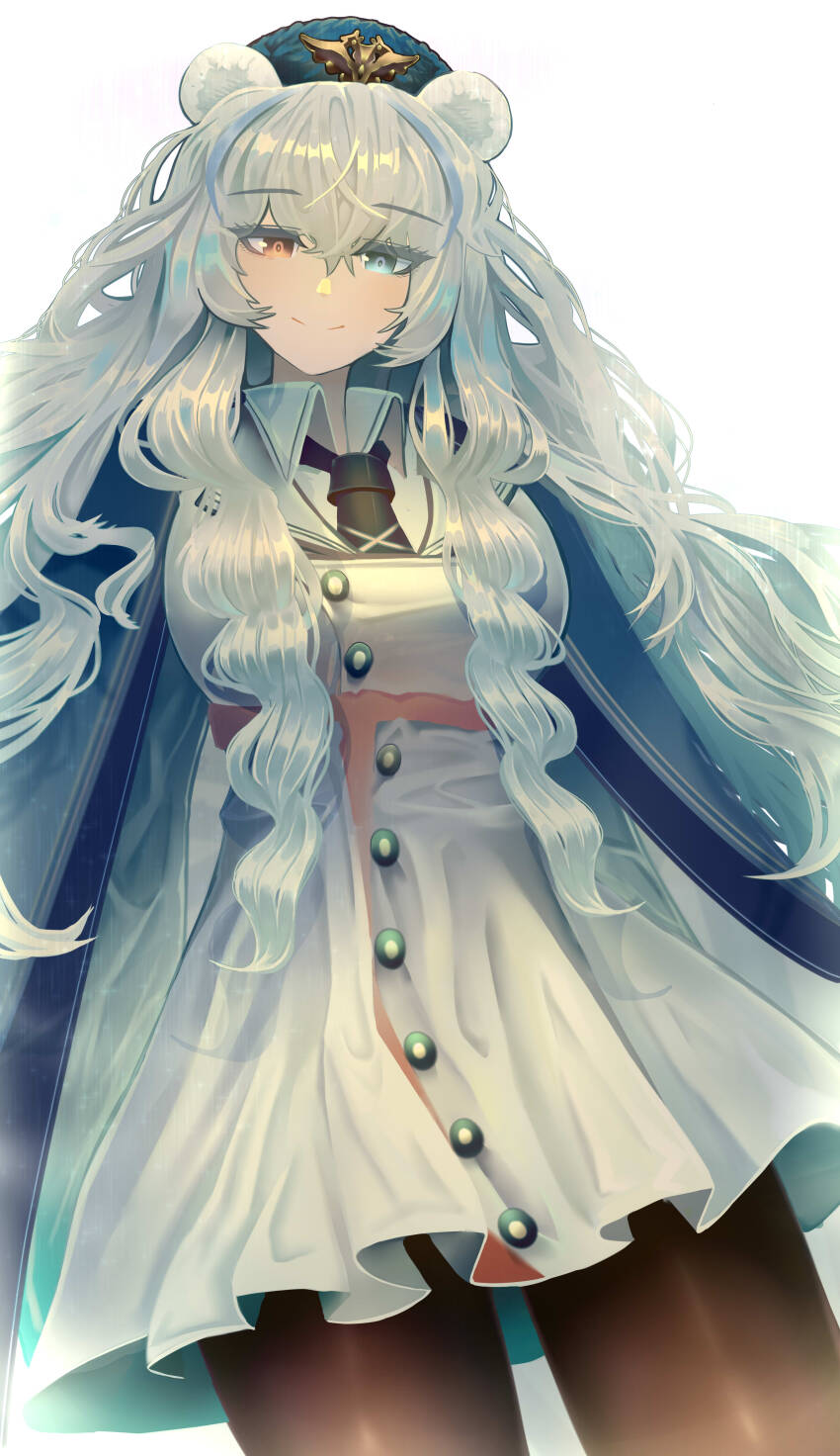 1girl absurdres animal_ears arknights bear_ears bielin blue_necktie fur_trim grey_eyes hair_between_eyes heterochromia highres jacket long_hair long_sleeves looking_at_viewer multicolored_eyes multicolored_hair necktie pantyhose pom_pom_(clothes) red_eyes rosa_(arknights) simple_background smile solo standing streaked_hair white_background white_hair white_jacket