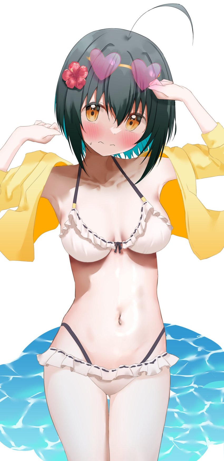 1girl absurdres ahoge armpits arms_up ashinagi_(bijutu1) bikini breasts breasts_apart clenched_hands eyewear_on_head frilled_bikini frills heart heart-shaped_eyewear highleg highleg_bikini highres idolmaster idolmaster_cinderella_girls jacket kohinata_miho looking_at_viewer medium_breasts navel open_clothes open_jacket simple_background solo sweatdrop swimsuit thigh_gap tinted_eyewear water white_background yellow_jacket