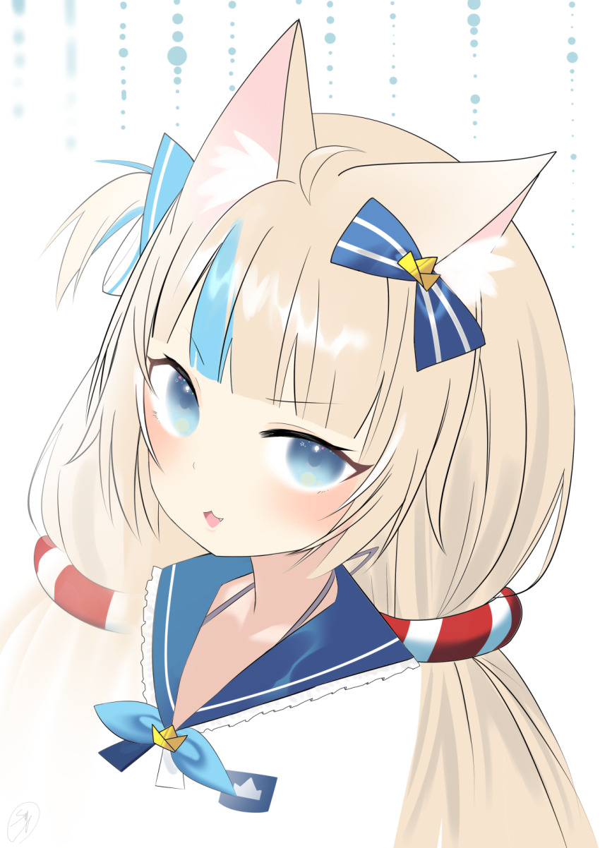1girl animal_ear_fluff animal_ears blonde_hair blue_collar blue_eyes blue_hair cat_ears collar frilled_shirt_collar frills highres indie_virtual_youtuber long_hair looking_at_viewer low_twintails multicolored_hair open_mouth sameko_saba smile solo streaked_hair twintails very_long_hair virtual_youtuber yukishigurecchi