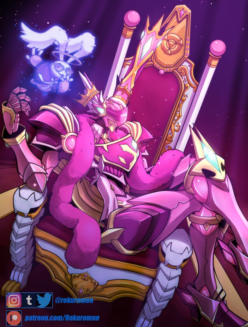 absurdres armor chest_jewel crossed_legs crown digimon digimon_(creature) feather_boa floating full_armor full_body gem gold_crown gold_trim green_gemstone halo hand_up heart heart-shaped_eyewear helmet highres hologram lordknightmon_x-antibody luminamon multiple_hats pink_armor rokuromon sitting sitting_on_throne solo_focus sunglasses tall_crown throne winged_helmet