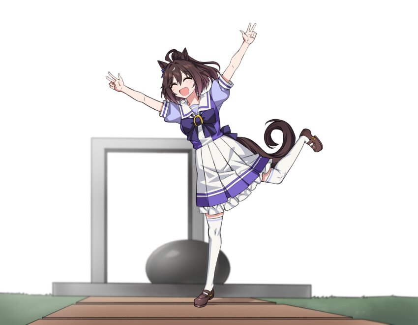 1girl ahoge animal_ears back_bow bow bowtie brown_hair brown_shoes closed_eyes deep_impact_(racehorse) deep_impact_gate double_v frilled_skirt frills fukuro_(maruaru00) genderswap genderswap_(mtf) half_updo happy highres horse_ears horse_girl horse_tail loafers name_connection object_namesake original personification pleated_skirt puffy_short_sleeves puffy_sleeves purple_bow purple_bowtie purple_shirt real_life real_world_location sailor_collar school_uniform sculpture shirt shoes short_hair short_sleeves skirt solo summer_uniform tail thighhighs tracen_school_uniform umamusume v white_sailor_collar white_skirt white_thighhighs
