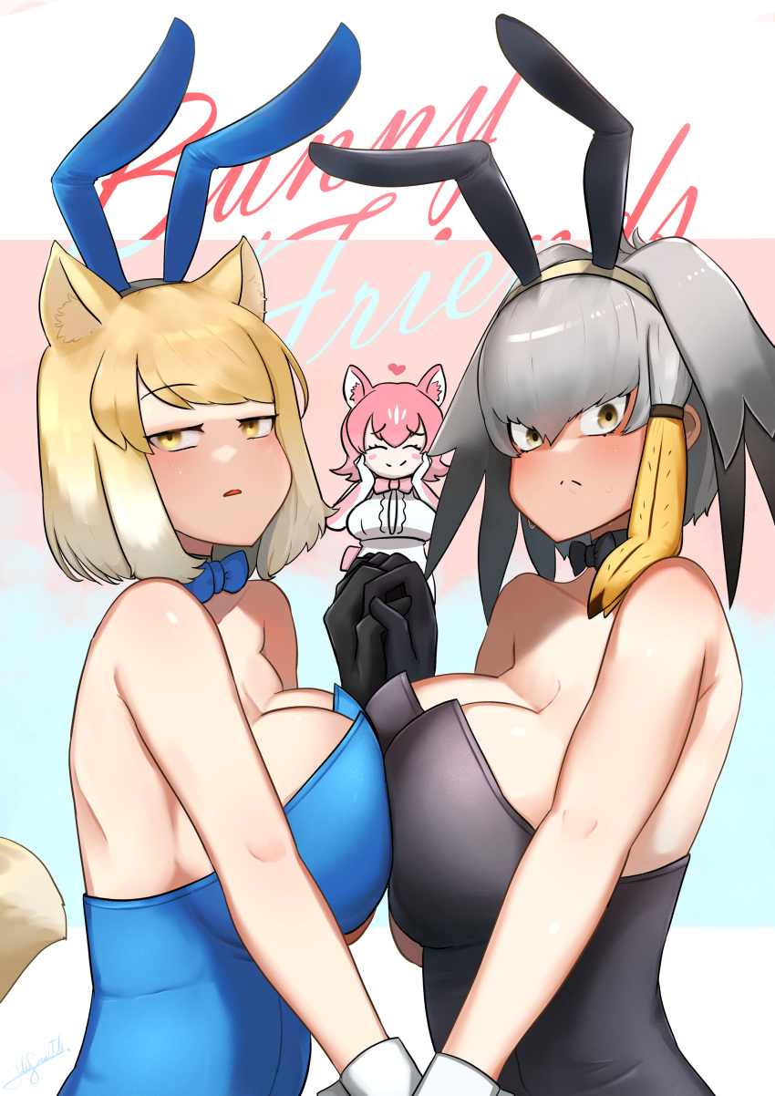 3girls absurdres animal_ears bird_wings black_hair black_leotard blonde_hair blue_leotard breast_press breasts cleavage detached_collar fake_animal_ears fake_tail feathered_wings fox_ears grey_hair hair_between_eyes head_wings highres jitome john_(a2556349) kemono_friends kemono_friends_3 large_breasts leotard long_hair looking_at_viewer multicolored_hair multiple_girls orange_hair panther_ears panther_girl panther_tail peach_panther_(kemono_friends) pink_hair playboy_bunny rabbit_ears rabbit_tail shoebill_(kemono_friends) sidelocks strapless strapless_leotard symmetrical_docking tail tibetan_fox_(kemono_friends) tsurime wings wrist_cuffs