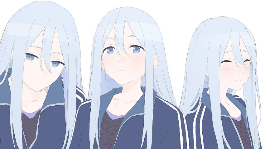 1girl ^_^ black_shirt blue_eyes blue_hair blue_jacket blush closed_eyes collarbone hair_between_eyes highres jacket light_frown long_hair looking_at_viewer mikazuchi_zeus multiple_views portrait project_sekai shirt simple_background small_sweatdrop smile track_jacket white_background yoisaki_kanade