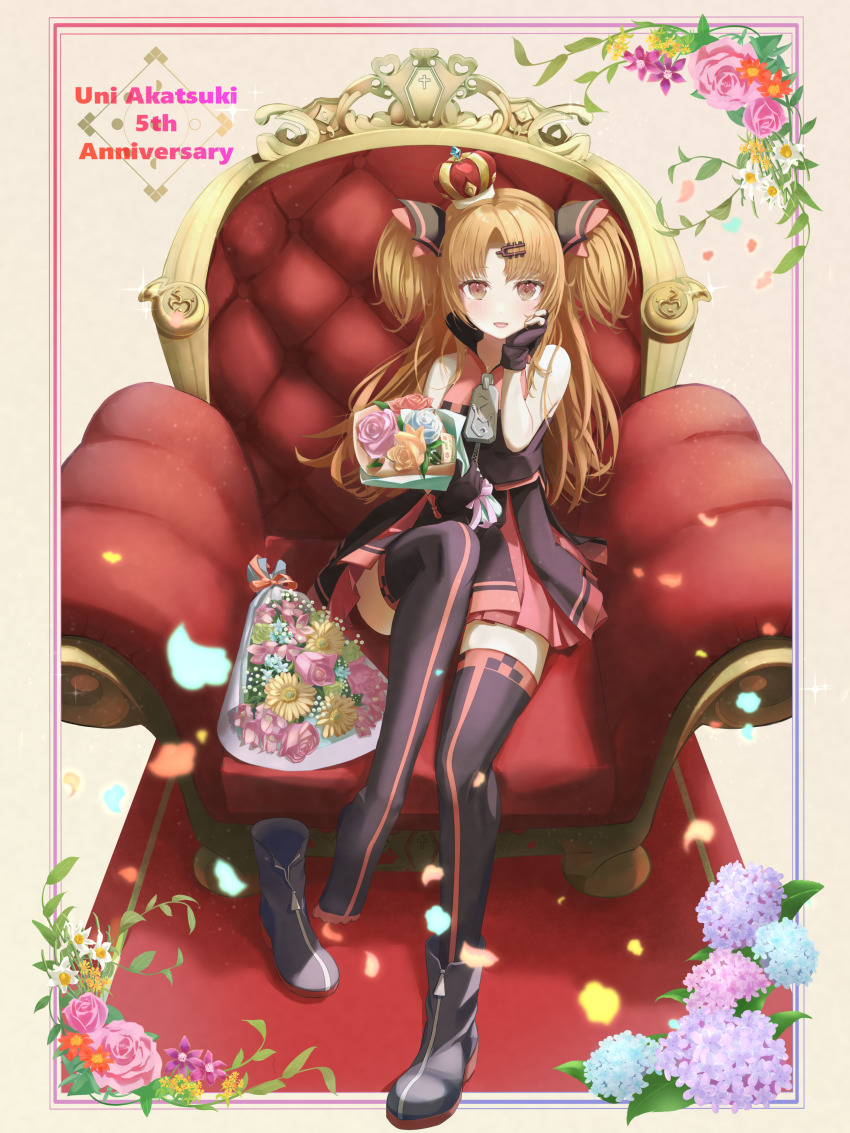 1girl absurdres akatsuki_uni ankle_boots anniversary arched_crown armchair bare_arms black_boots black_dress black_gloves black_jacket black_thighhighs blonde_hair boots bouquet bow brown_eyes chair commentary_request convenient_leg crown dress falling_petals fingerless_gloves floral_border flower glove_bow gloves hair_ornament hairpin hand_on_own_cheek hand_on_own_face high_collar highres holding holding_bouquet inset_border jacket leg_up light_blush long_hair looking_at_viewer mini_crown monburi on_chair open_mouth oversized_zipper parted_bangs petals pink_bow pink_dress pink_jacket pink_thighhighs pleated_dress red_carpet short_dress single_boot sleeveless sleeveless_dress sleeveless_jacket smile solo sparkle thighhighs throne two_side_up uni_create unworn_boots virtual_youtuber yellow_background zettai_ryouiki zipper zipper_footwear