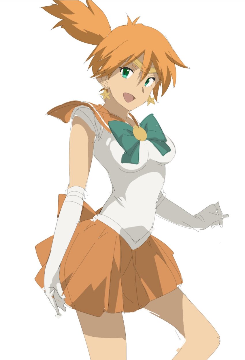 1girl aino_minako alternate_breast_size alternate_costume asymmetrical_hair breasts brooch choker color_connection cosplay cowboy_shot elbow_gloves gen_1_pokemon gloves green_eyes gym_leader hair_between_eyes hair_tie heart heart_brooch highres inner_senshi jewelry legs leotard looking_at_viewer magical_girl medium_breasts miniskirt misty_(pokemon) nintendo open_mouth orange_choker orange_sailor_collar orange_skirt pleated_skirt pointing pokemon pokemon_rgby ponytail ribbon sailor_collar sailor_senshi sailor_senshi_uniform sailor_venus sailor_venus_(cosplay) short_hair side_ponytail simple_background skirt solo standing star_(symbol) star_choker white_background white_gloves white_leotard yamada_taro_(yamada_tarou00) yamada_tarou