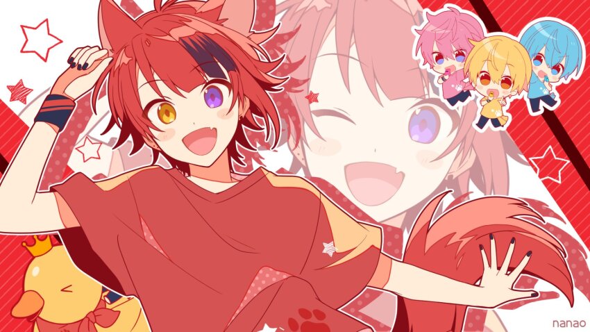 4boys animal_ears arm_up artist_name bag baggy_clothes bandana black_nails blonde_hair blue_bag blue_eyes blue_hair blue_pants blue_shirt blush casual chibi chibi_inset colon_(stpri) commentary_request crown diagonal_stripes dog_boy dog_ears dog_tail fang fingernails full_body heterochromia highres light_blue_hair long_sleeves looking_at_viewer male_focus multicolored_background multicolored_hair multiple_boys open_mouth pants partial_commentary paw_print pink_hair pink_shirt polka_dot polka_dot_background purple_hair ramio3_2 red_background red_bandana red_hair red_shirt rinu_(stpri) root_(stpri) rubber_duck satomi_(stpri) shirt short_hair short_sleeves shoulder_bag smile solo_focus star_(symbol) strawberry_prince streaked_hair striped_background sukisugite_chuuihou_(strawberry_prince) t-shirt tail two-tone_hair two-tone_wristband upper_body utaite white_background wristband yellow_bag yellow_shirt zoom_layer