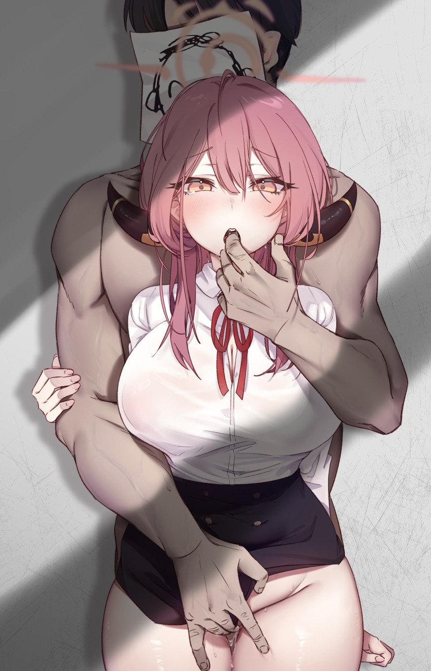 1boy 1girl absurdres aru_(blue_archive) black_hair black_skirt blue_archive blush breasts brown_horns cleavage collared_shirt cowboy_shot demon_horns doodle_sensei_(blue_archive) fingering fingering_from_behind fingernails groin halo highres horns large_breasts long_hair long_sleeves neck_ribbon open_mouth pink_hair pink_halo red_ribbon ribbon sensei_(blue_archive) shirt short_hair skirt white_shirt xiao_jian yellow_eyes