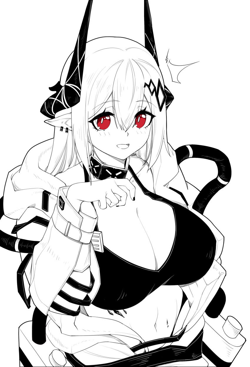 ^^^ absurdres arknights breasts chinese_commentary cleavage commentary crop_top earrings hair_between_eyes hand_up highres infection_monitor_(arknights) jewelry large_breasts light_blush long_hair long_sleeves looking_at_viewer material_growth mjd_maximum monochrome mudrock_(arknights) mudrock_(elite_ii)_(arknights) navel open_mouth oripathy_lesion_(arknights) pointy_ears red_eyes simple_background spot_color tank_top white_background