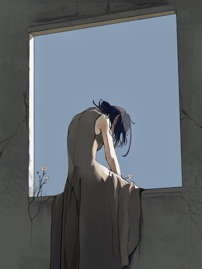 1girl bare_arms black_hair blue_sky chainsaw_man corvus_on_pallas daisy_(flower) dress facing_down flower from_behind hair_bun highres holding holding_flower on_windowsill reze_(chainsaw_man) sitting sky sleeveless sleeveless_dress solo updo white_dress white_flower window