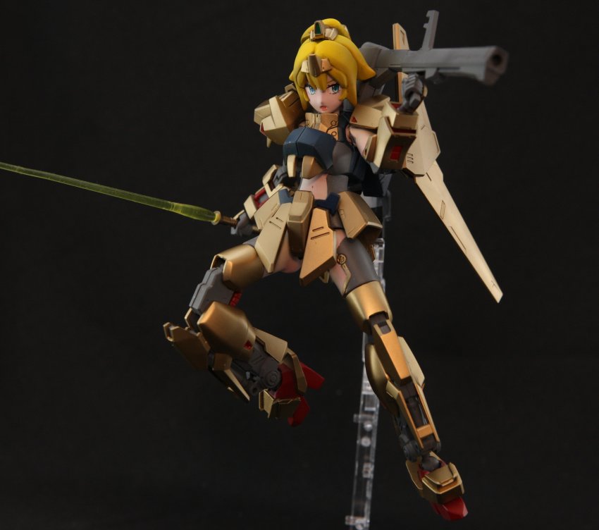 1girl absurdres energy_sword black_background blonde_hair blue_eyes commentary cosplay english_commentary gun gundam gunpla hat_(thehatweaver) highres holding holding_gun holding_sword holding_weapon hoshino_char hyaku_shiki hyaku_shiki_(cosplay) looking_to_the_side mecha_musume model_kit model_kit_(medium) navel open_mouth photo_(medium) shoulder_cannon solo sword tsunderia unconventional_media virtual_youtuber weapon zeta_gundam