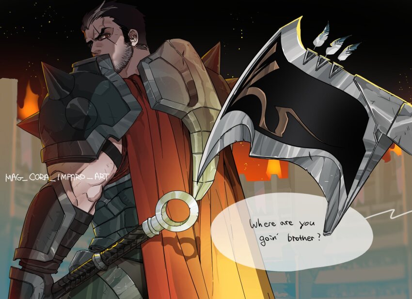 1boy armor artist_name axe beard black_hair cape darius_(league_of_legends) english_text facial_hair feet_out_of_frame gauntlets highres holding holding_axe league_of_legends looking_at_another looking_back mag_cora_imparo male_focus manly mature_male multicolored_hair muscular muscular_arms muscular_male night night_sky pointing_melee_weapon red_eyes scar short_hair shoulder_armor signature sky solo sparkle speech_bubble white_hair