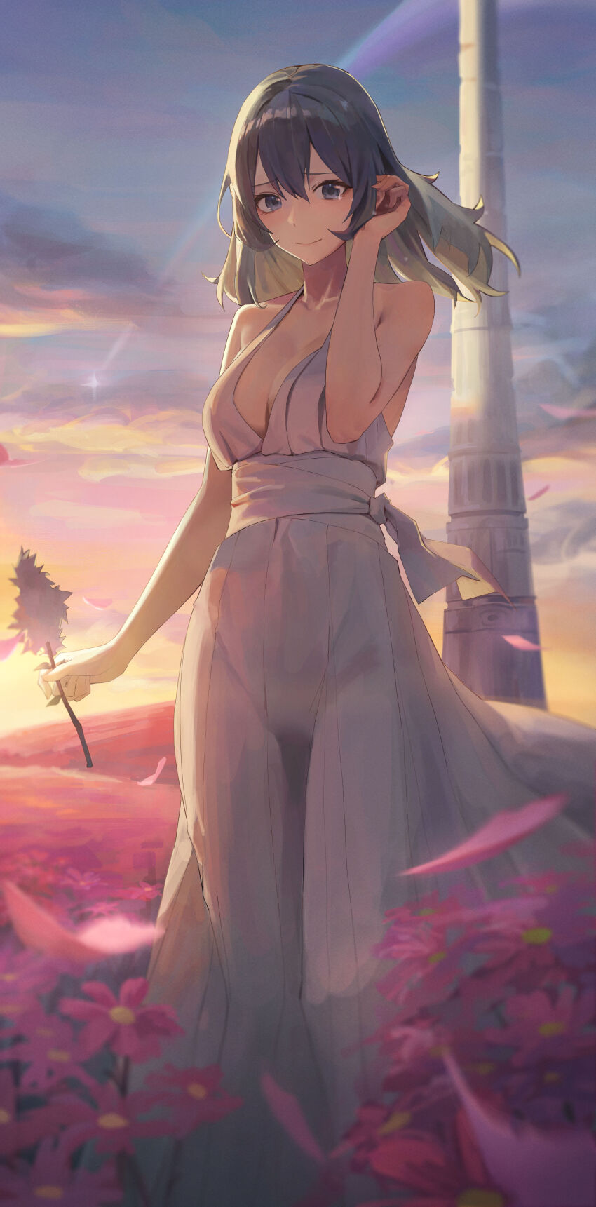 1girl absurdres bare_arms bare_shoulders breasts closed_mouth cloud comet commentary_request crying crying_with_eyes_open double-parted_bangs dress dungeon_ni_deai_wo_motomeru_no_wa_machigatteiru_darou_ka falling_petals feet_out_of_frame field floating_hair flower flower_field gradient_sky grey_eyes grey_hair hair_between_eyes halter_dress halterneck hand_up highres holding large_breasts looking_at_viewer orange_sky outdoors petals pink_flower pink_sky satellite999 sky sleeveless sleeveless_dress solo standing syr_flover tears tower twilight white_dress
