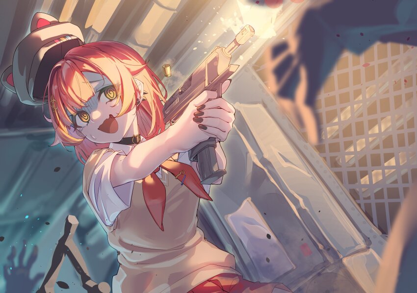 1girl @_@ absurdres ahoge black_choker black_nails casing_ejection choker collared_shirt ear_piercing earrings fang firing gun h&amp;k_vp70 handgun hat highres holding holding_gun holding_weapon jewelry kurumi_tsuchi medium_hair muzzle_flash nail_polish neckerchief nekota_tsuna open_mouth piercing pleated_skirt red_neckerchief red_skirt shell_casing shirt short_sleeves skin_fang skirt sweater_vest virtual_youtuber vspo! weapon white_shirt yellow_eyes