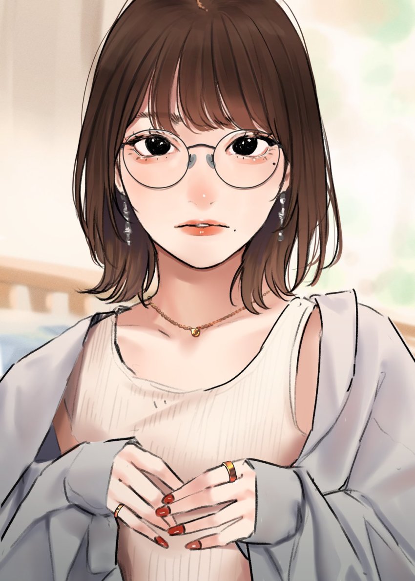 1girl black-framed_eyewear black_eyes brown_hair camisole collarbone glasses grey_jacket highres jacket jewelry lips lipstick long_sleeves looking_at_viewer makeup mole mole_under_eye nail_polish necklace original parted_lips ring round_eyewear saitou_(lynx-shrike) short_hair solo white_camisole