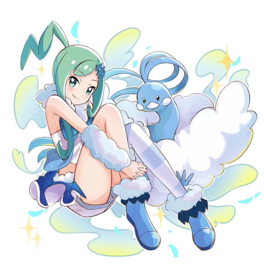 1girl altaria arm_warmers blue_footwear blush boots closed_mouth commentary_request gen_3_pokemon green_eyes green_hair highres kiryu_(sora_no_iroto) lisia_(pokemon) looking_at_viewer nintendo overskirt pokemon pokemon_(creature) pokemon_oras shorts shorts_under_skirt sidelocks single_thighhigh smile thighhighs