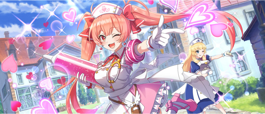 2girls ;3 ;p apron armband belt_pouch block_heels blonde_hair blue_dress blue_eyes blue_sky blunt_bangs bow breasts building cecily_(konosuba) cloud cloudy_sky collared_dress double-parted_bangs dress earrings erika_(konosuba) finger_gun first_aid_kit frilled_dress frills game_cg gloves hair_bow hat heart heart_earrings highres holding holding_syringe jewelry kono_subarashii_sekai_ni_shukufuku_wo! konosuba!_fantastic_days large_breasts large_syringe leg_up light_blush long_hair looking_at_viewer matching_outfits medium_dress multiple_girls neck_ribbon nurse nurse_cap official_alternate_costume official_art one_eye_closed open_mouth outdoors outstretched_arm oversized_object pink_armband pink_bow pink_dress pink_eyes pink_hair pink_ribbon pink_shoes pouch puffy_short_sleeves puffy_sleeves ribbon road shoes short_dress short_sleeves sidelocks sky smile soap standing standing_on_one_leg stethoscope stethoscope_around_neck street sunlight syringe tongue tongue_out too_many too_many_hearts twintails very_long_hair white_apron white_gloves white_hat