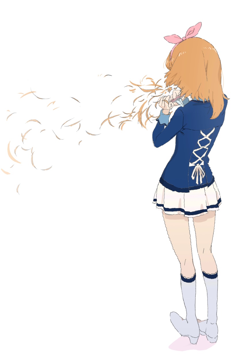 absurdres aikatsu! aikatsu!_(series) blue_shirt boots bow bow_hairband cutting_hair cutting_own_hair from_behind full_body hair_bow hairband hands_up highres holding holding_scissors legs_apart long_hair long_sleeves miniskirt orange_hair ozora_akari pink_bow pink_hairband saitou_atsushi_(kamatamanankotu) school_uniform scissors shirt simple_background skirt standing star_harmony_academy_school_uniform white_background white_boots white_skirt