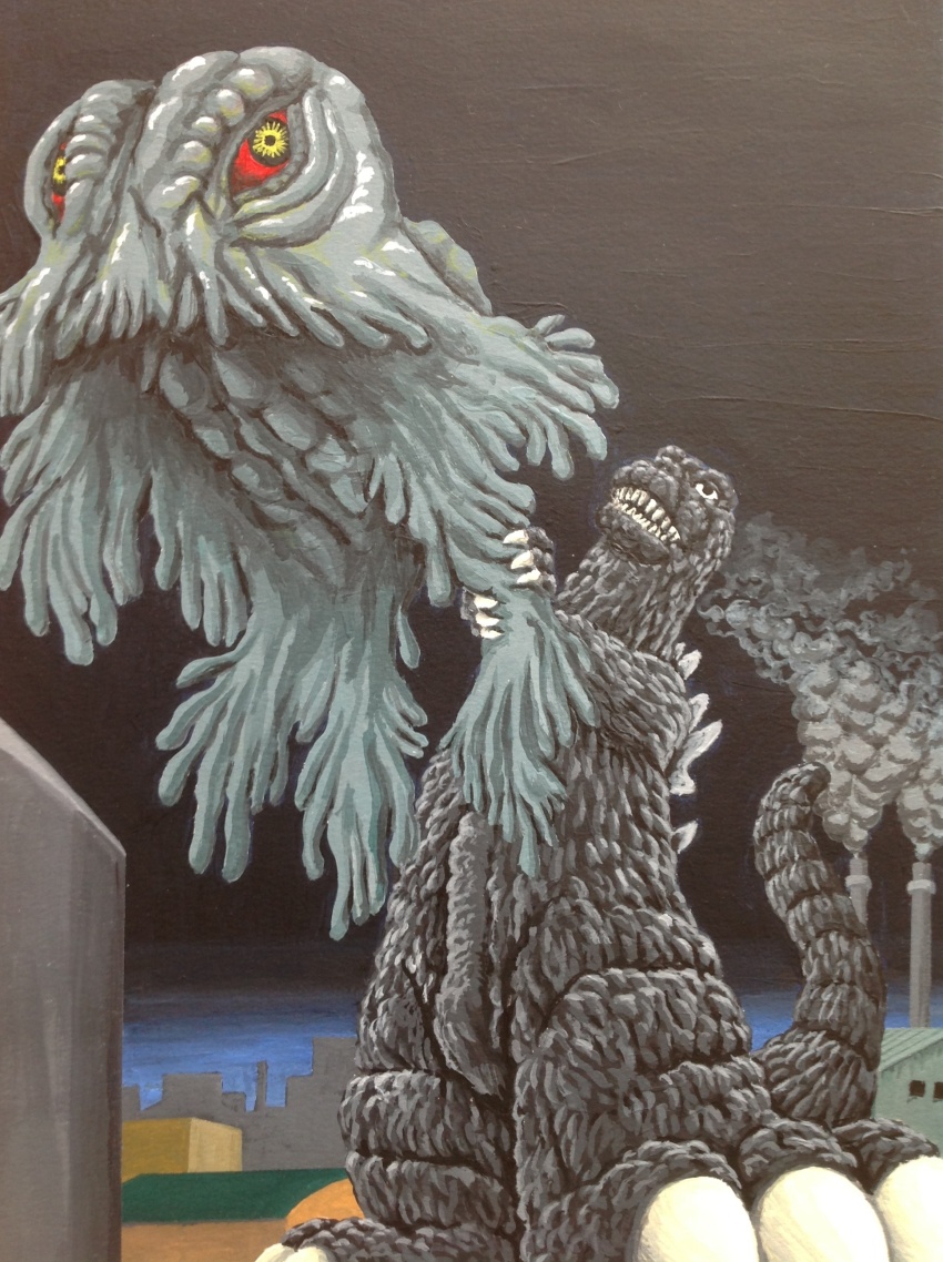 absurdres alien colored_sclera factory godzilla godzilla_(series) godzilla_vs._hedorah hedorah highres kaiju night no_humans pollution red_eyes red_sclera slime_(creature) smog smoke smokestack tail thermacabe toho yellow_eyes
