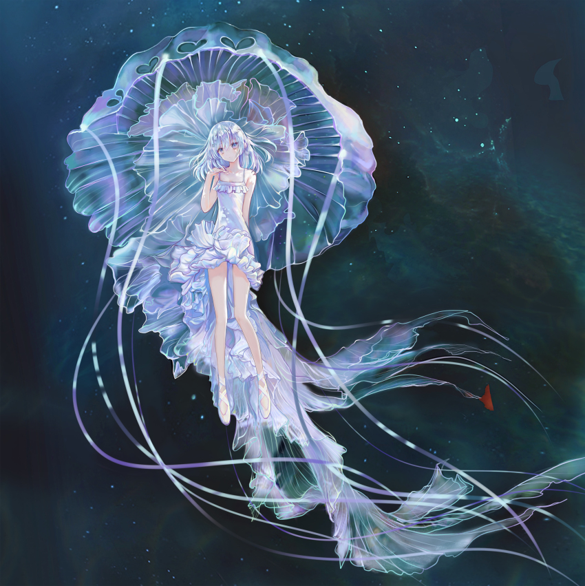 1girl absurdres animal arm_behind_back bare_shoulders black_background blue_eyes blush breasts closed_mouth commentary dress floating frilled_dress frills grey_hair hair_between_eyes hand_up highres jellyfish long_dress looking_at_viewer medium_hair original shan_gui_yu_yao shoes sleeveless sleeveless_dress small_breasts solo spaghetti_strap tentacles white_dress white_shoes