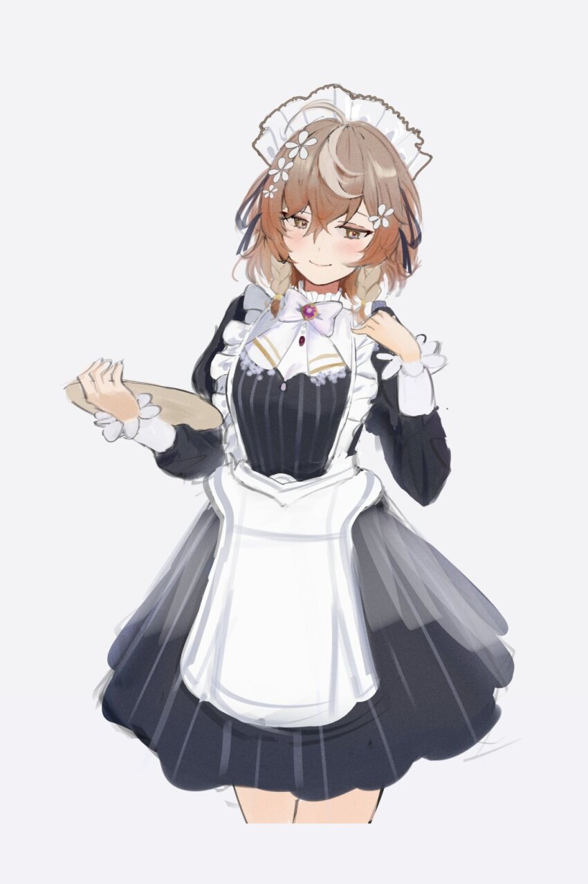 blush braid breasts brown_eyes brown_hair cowboy_shot flower hair_flower hair_ornament highres holding holding_plate kaera klara_charmwood light_smile looking_to_the_side low_twin_braids maid maid_headdress medium_breasts medium_hair nijisanji nijisanji_en plate sketch triple_ahoge twin_braids virtual_youtuber