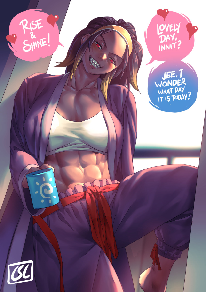 1girl abs baggy_pants barefoot belt bra breasts capri_pants cup dark-skinned_female dark_skin english_text grin hairband highres holding holding_cup looking_at_viewer midriff muscular muscular_female original pants phoebus_art red_eyes robe sharp_teeth smile sports_bra teeth underwear white_bra white_sports_bra window