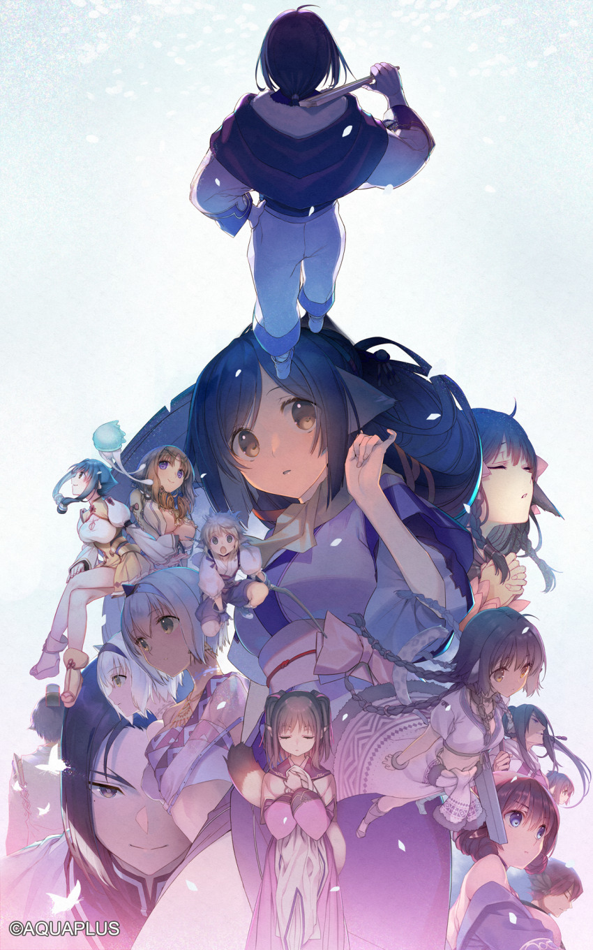 6+boys 6+girls ahoge ainu_clothes animal_ears anju_(utawarerumono) atuy black_hair blue_eyes blue_hair braid breasts brown_eyes brown_hair cleavage cleavage_cutout clothing_cutout everyone fumirul hair_between_eyes hair_ornament hair_ribbon haku_(utawarerumono) highres japanese_clothes kimono kiwru kuon_(utawarerumono) leopard_tail long_hair looking_at_viewer maroro_(utawarerumono) medium_breasts mole mole_under_eye multiple_boys multiple_braids multiple_girls nekone_(utawarerumono) nosuri obi official_art open_mouth oshtor ougi pink_kimono ponytail quad_braids red_hair ribbon rulutieh saraana sash shinonon short_hair sidelocks simple_background smile tail tatami_to_hinoki twintails uruuru utawarerumono utawarerumono:_futari_no_hakuoro utawarerumono:_itsuwari_no_kamen utawarerumono:_lost_flag very_long_hair white_background jachdwalt yellow_eyes