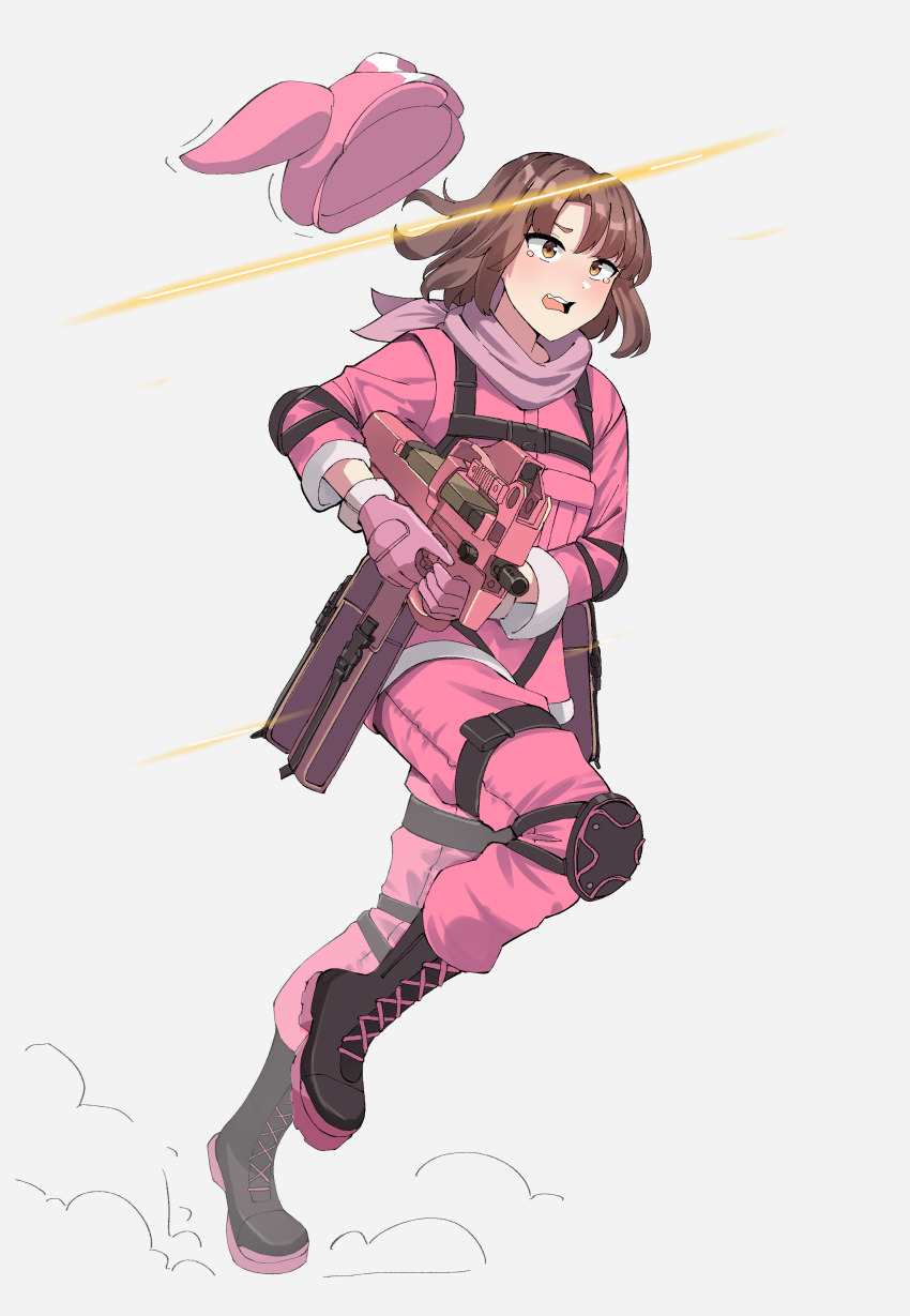 1girl absurdres animal_ears animal_hat black_boots blush boots brown_eyes brown_hair bullpup cabbie_hat commentary_request fake_animal_ears gar32 gloves grey_background gun hat highres holding holding_gun holding_weapon jacket knee_pads lace-up_boots llenn_(sao) open_mouth p90 pants parted_bangs personal_defense_weapon pink_gloves pink_hat pink_jacket pink_pants simple_background smoke solo submachine_gun sword_art_online tears teeth unworn_hat unworn_headwear upper_teeth_only weapon