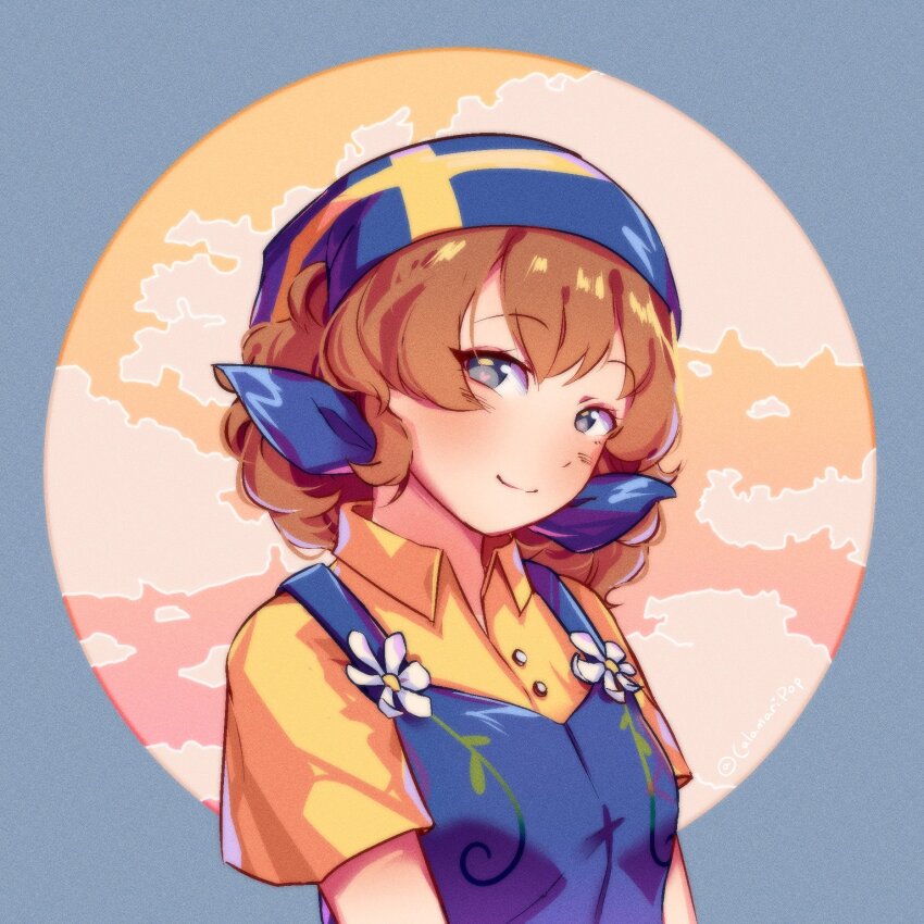 1girl brown_hair calamaripop commentary curly_hair english_commentary flag_print highres ikea looking_at_viewer original shirt smile solo sverigedrakten sweden swedish_clothes swedish_flag swedish_flag_print upper_body yellow_shirt