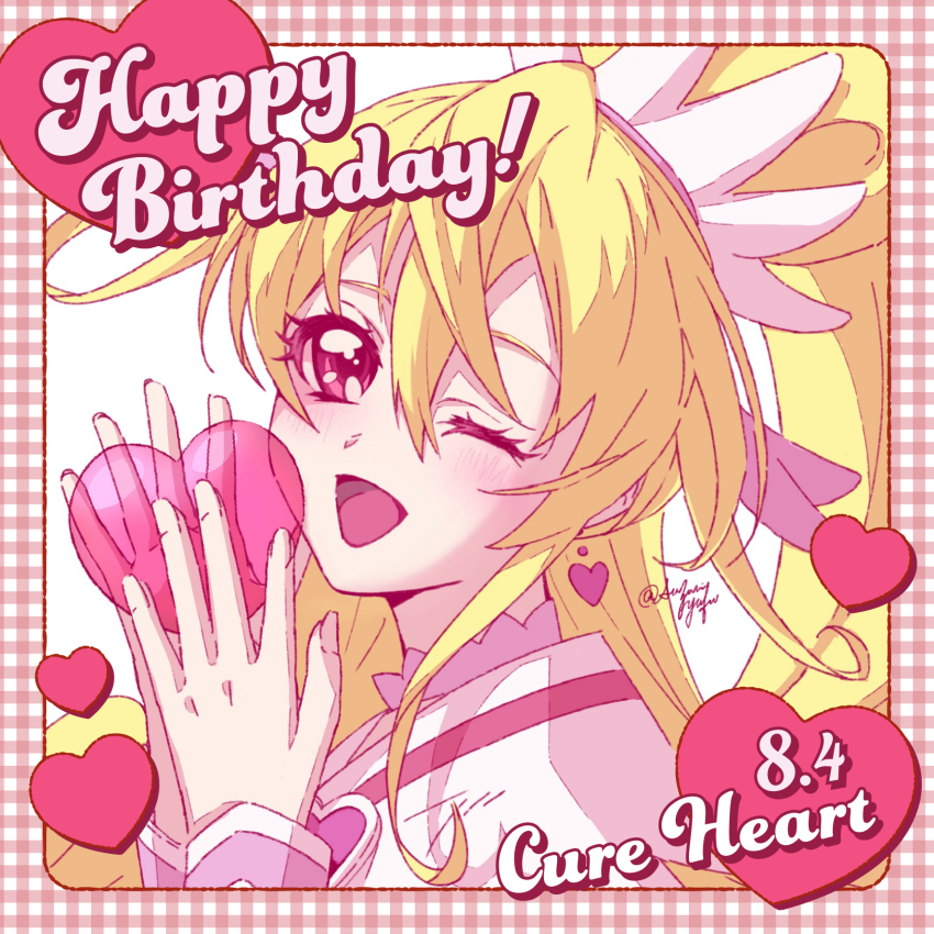 1girl aida_mana blonde_hair bow brooch choker cure_heart dated dokidoki!_precure earrings hair_ornament happy_birthday heart heart_brooch heart_earrings heart_hair_ornament high_ponytail highres jewelry long_hair looking_at_viewer magical_girl open_mouth pink_arm_warmers pink_bow pink_choker pink_sleeves pink_wrist_cuffs ponytail precure smile suzumi_yufu wrist_cuffs