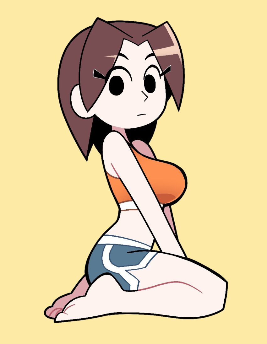 1girl alternate_costume bare_shoulders barefoot black_eyes blue_shorts breasts brown_hair commentary dolphin_shorts english_commentary feet highres kneeling looking_at_viewer looking_back medium_breasts mii_(nintendo) mii_gunner nintendo orange_shirt parted_bangs scott_falco shirt short_hair short_shorts shorts simple_background sleeveless solo super_smash_bros. tank_top thighs yellow_background