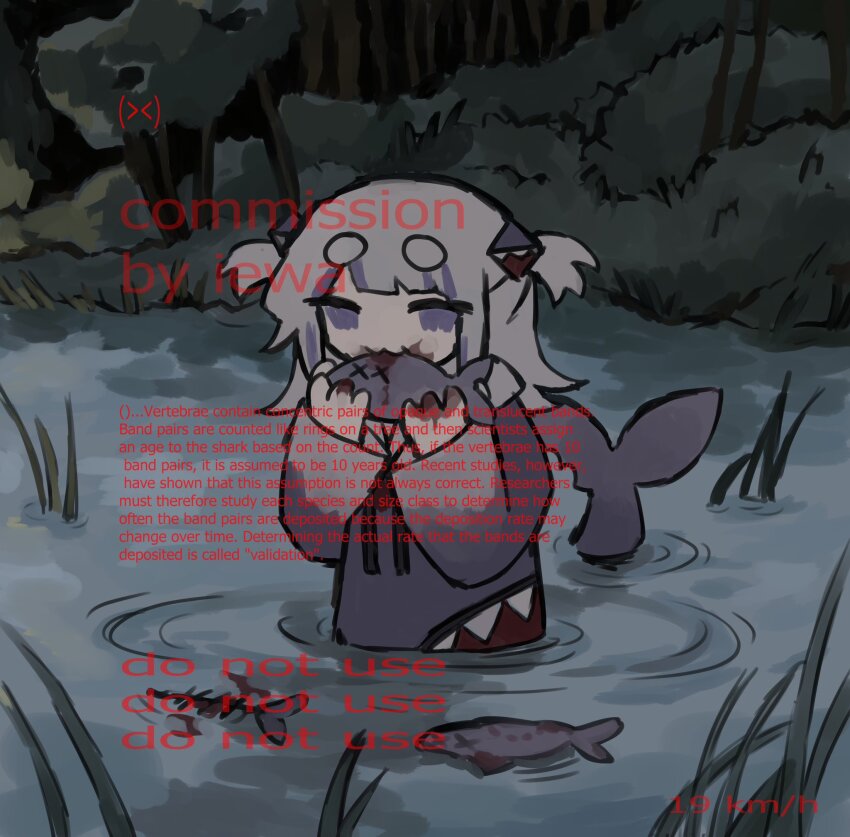 1girl :3 blood blood_on_face blood_on_hands blue_hair blue_hoodie bush commentary commission eating english_commentary english_text fins fish fish_tail forest gawr_gura gawr_gura_(1st_costume) grass hair_ornament highres hololive hololive_english hood hoodie iewa medium_hair multicolored_hair nature outdoors pond ripples shark_girl shark_hair_ornament shark_tail solo streaked_hair tail two_side_up virtual_youtuber wading watermark white_hair x_x