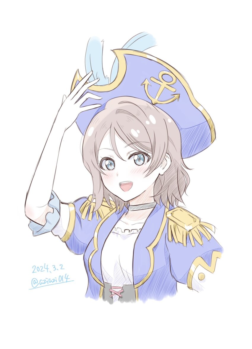 1girl aziazi014 black_choker blue_eyes blue_hat blue_jacket blush choker collarbone commentary_request cropped_torso dated epaulettes grey_hair hat highres jacket looking_at_viewer love_live! love_live!_sunshine!! open_mouth pirate_hat puffy_short_sleeves puffy_sleeves shirt short_hair short_sleeves sidelocks solo twitter_username watanabe_you white_background white_shirt you_(genjitsu_no_yohane)