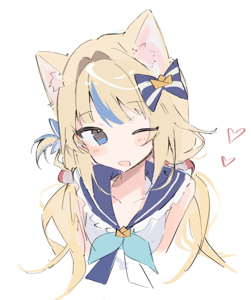 1girl :d animal_ear_fluff animal_ears arms_at_sides blonde_hair blue_eyes blue_hair blue_neckerchief blue_sailor_collar blush bow cat_ears collarbone commentary cropped_torso dress hair_bow hair_intakes head_tilt heart highres indie_virtual_youtuber kiri_y lifebuoy_hair_ornament long_hair looking_to_the_side low_twintails multicolored_hair neckerchief no_pupils one_eye_closed one_side_up open_mouth paper_boat sailor_collar sameko_saba simple_background sleeveless sleeveless_dress smile solo streaked_hair symbol-only_commentary twintails virtual_youtuber white_background white_dress