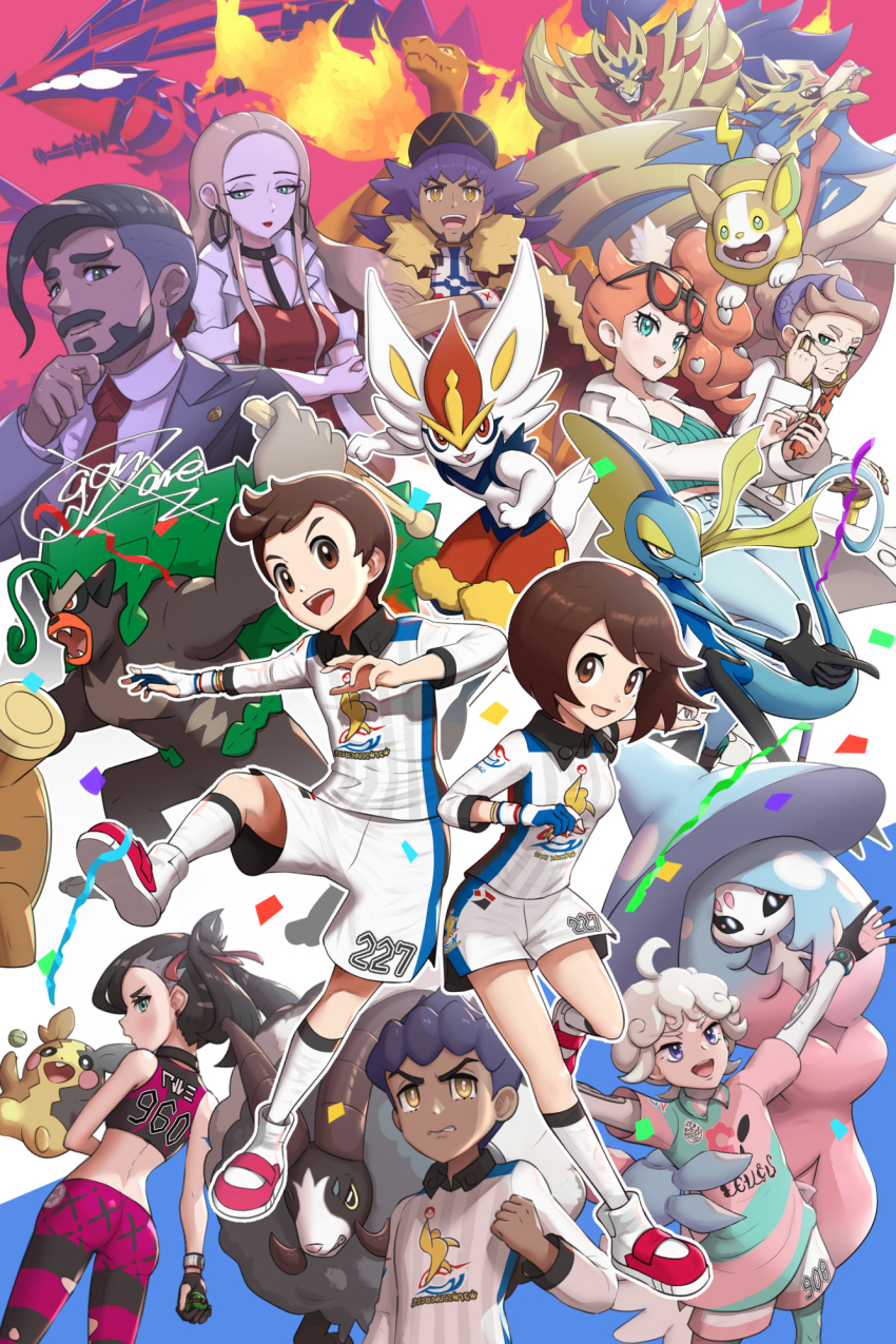 5girls 6+boys ass bea_(pokemon) beard bede_(pokemon) charizard cinderace dark-skinned_female dark-skinned_male dark_skin dubwool eternatus facial_hair game_freak gen_1_pokemon gen_8_pokemon gigantamax gigantamax_charizard gloria_(pokemon) gonzarez gym_challenge_uniform hatterene highres hop_(pokemon) inteleon legendary_pokemon leon_(pokemon) looking_at_viewer magnolia_(pokemon) marnie_(pokemon) midriff morpeko morpeko_(full) multiple_boys multiple_girls nintendo oleana_(pokemon) pokemon pokemon_(creature) pokemon_swsh rillaboom rose_(pokemon) shorts sonia_(pokemon) victor_(pokemon) yamper zacian zacian_(crowned) zamazenta zamazenta_(crowned)