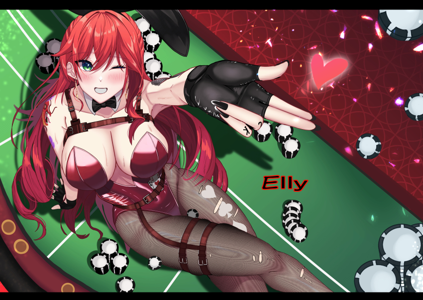 1girl ace_(playing_card) ace_of_hearts ace_of_spades animal_ears black_gloves black_nails blue_eyes blush breasts card character_name cleavage closed_mouth collar detached_collar elly_(vtuber) fake_animal_ears fingerless_gloves gloves heart highres hossy indie_virtual_youtuber large_breasts leotard long_hair looking_at_viewer nail_polish one_eye_closed playing_card poker_chip poker_table red_hair red_leotard shoulder_tattoo smile solo spade_(shape) strapless strapless_leotard table tattoo thigh_strap very_long_hair virtual_youtuber white_collar