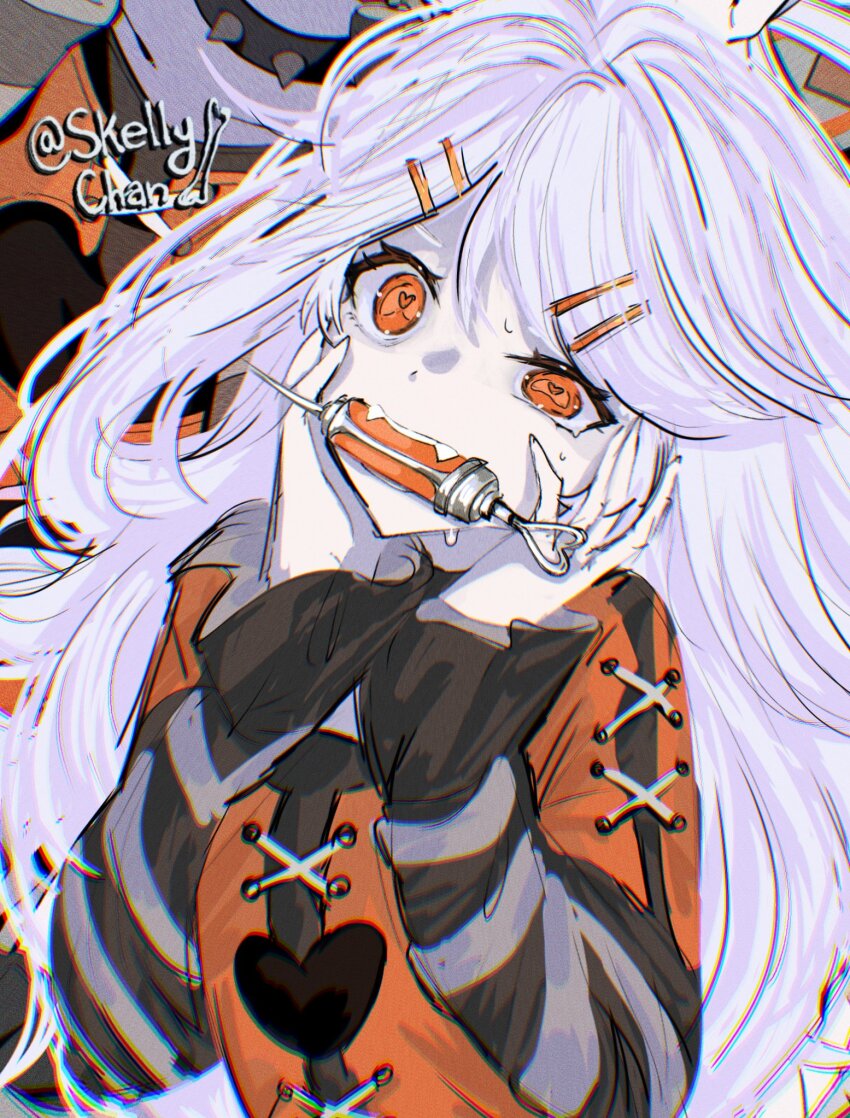 1girl chromatic_aberration commentary english_commentary fangs hair_ornament hairclip hands_on_own_face heart heart-shaped_pupils hibiki_koto highres limited_palette long_hair looking_at_viewer mouth_hold orange_eyes skellychan solo symbol-shaped_pupils syringe teeth twitter_username vocaloid white_hair