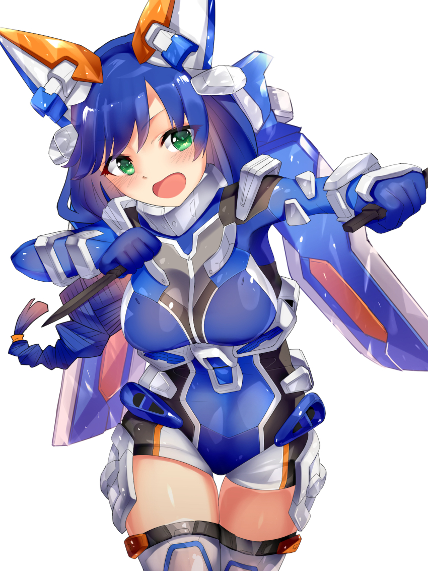 1girl blush braid breasts dual_wielding eyebrows_hidden_by_hair green_eyes gundam gundam_astray_blue_frame gundam_astray_blue_frame_second_revise gundam_seed gundam_seed_astray highres holding holding_knife i.takashi knife long_hair low-tied_long_hair mecha_musume medium_breasts open_mouth personification solo thighhighs white_background