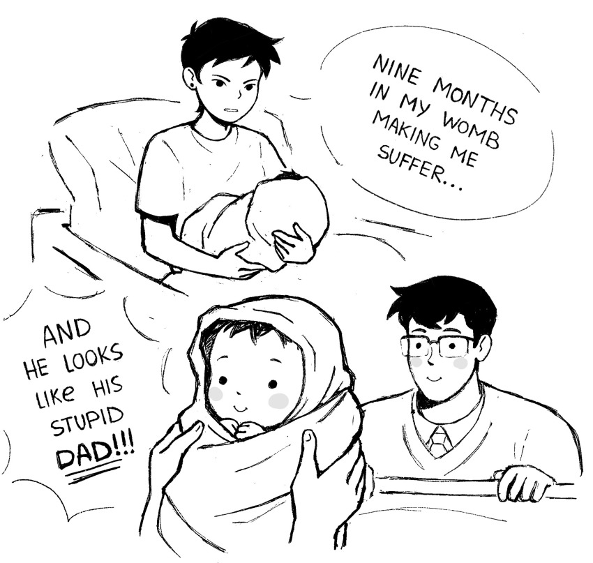 ._. 1girl 2boys and_he_looks_like_his_stupid_dad_(meme) baby bed black_hair blush_stickers clark_kent collared_shirt d-e-r-i dc_comics earrings english_text family glasses highres jewelry jonathan_kent lois_lane meme monochrome multiple_boys my_adventures_with_superman necktie pillow shirt short_hair sketch smile stud_earrings superman_(series) t-shirt