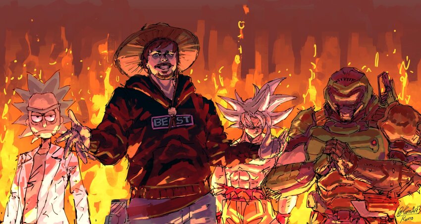 4boys abs angry armor crossover doom_(series) doomguy dragon_ball dragon_ball_super fire fortnite grey_hair hat highres jacket lab_coat meme mrbeast multiple_boys muscular muscular_male rick_and_morty rick_sanchez son_goku white_hair