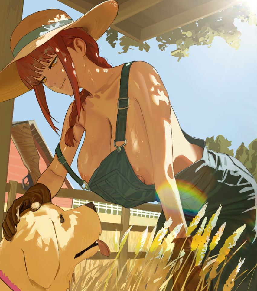 1girl alternate_breast_size_(larger) animal areola_slip armpit_crease bare_shoulders barn bent_over blue_overalls blue_sky braid braided_ponytail breasts brown_gloves chainsaw_man cleavage closed_mouth collarbone commentary dappled_sunlight day dog farm farmer fence gloves grass gun hair_over_shoulder hat headpat highres hintobento huge_breasts huge_nipples large_areolae large_breasts leaning_forward leather leather_gloves long_hair makima_(chainsaw_man) mixed-language_commentary naked_overalls nipple_slip nipples no_bra outdoors overalls paid_reward_available patting petting red_hair rifle ringed_eyes sidelocks sky smile solo strap_slip straw_hat sun_hat sunlight sweat tongue tongue_out weapon wooden_fence yellow_eyes