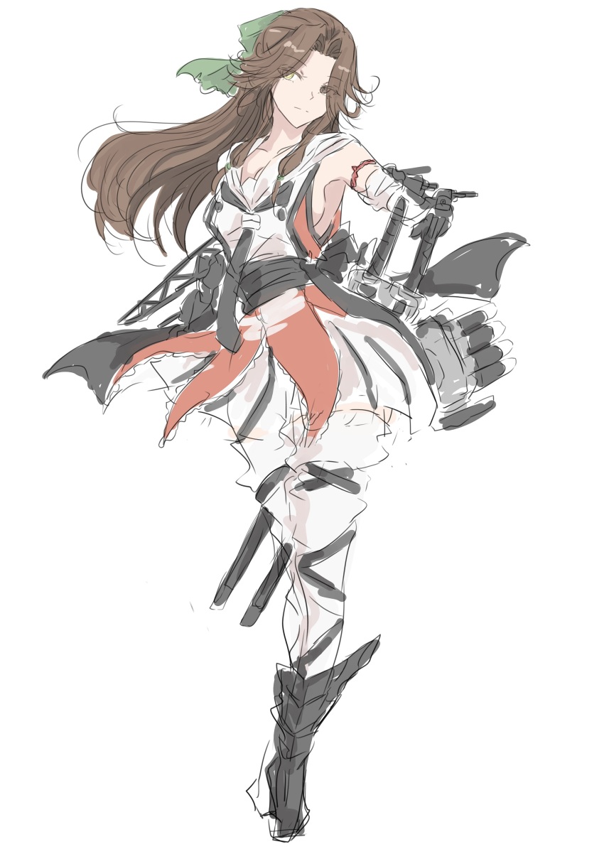 1girl absurdres black_boots black_neckerchief boots brown_eyes brown_hair buttons double-breasted elbow_gloves forehead_protector full_body gloves green_headband hair_intakes half_updo headband highres jintsuu_(kancolle) jintsuu_kai_ni_(kancolle) kantai_collection ken_(shutenndouji1) machinery neckerchief orange_shirt pleated_skirt sailor_collar school_uniform serafuku shirt simple_background skirt sleeveless sleeveless_shirt solo torpedo_launcher white_background white_sailor_collar white_skirt