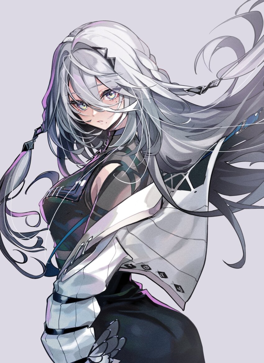 1girl back black_choker black_dress black_hair black_skirt blue_eyes blush braid breasts butterfly_ornament choker dress floating_hair gradient_hair hair_between_eyes hair_ornament highres jacket long_hair long_hair_between_eyes long_sleeves looking_at_viewer medium_breasts mole mole_under_eye mole_under_mouth multicolored_hair multiple_moles nijisanji open_clothes open_jacket open_mouth pencil_skirt pokimari skirt sleeves_past_fingers sleeves_past_wrists solo sophia_valentine sophia_valentine_(1st_costume) triangle_hair_ornament twin_braids very_long_hair virtual_youtuber white_hair
