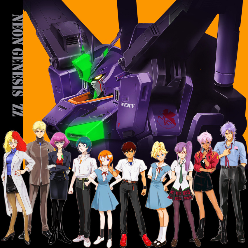 1980s_(style) 1990s_(style) 4boys 6+girls akagi_ritsuko akagi_ritsuko_(cosplay) alternate_color aqua_hair ayanami_rei ayanami_rei_(cosplay) bandages belt bespectacled blonde_hair blue_eyes boots breasts brown_hair chara_soon cleavage cosplay crossover ebba elle_vianno elpeo_puru eva_01 eyepatch flower fusion fuyutsuki_kouzou fuyutsuki_kouzou_(cosplay) glasses glemy_toto gloves gundam gundam_zz haman_karn hands_on_own_hips high_heels highres ikari_gendou ikari_gendou_(cosplay) ikari_shinji ikari_shinji_(cosplay) illia_pazom jewelry judau_ashta kaji_ryoji_(cosplay) kaji_ryouji kaji_ryouji_(cosplay) kamille_bidan katsuragi_misato katsuragi_misato_(cosplay) makinami_mari_illustrious makinami_mari_illustrious_(cosplay) mashymre_cello mecha multicolored_hair multiple_boys multiple_girls nagisa_kaworu nagisa_kaworu_(cosplay) necklace necktie neon_genesis_evangelion oldschool orange_hair pantyhose parody pendant pink_flower pink_rose purple_eyes purple_hair rebuild_of_evangelion red_hair retro_artstyle robot rose roux_louka school_uniform science_fiction shoes short_hair side_ponytail skindentation souryuu_asuka_langley souryuu_asuka_langley_(cosplay) split-color_hair thumbs_up two-tone_hair white_gloves zz_gundam
