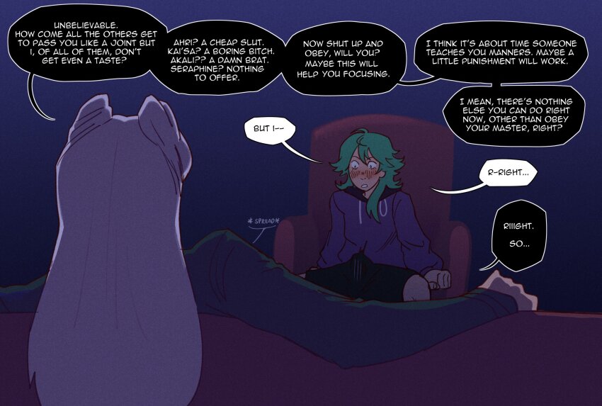 1boy 1girl black_shorts blush english_text evelynn_(league_of_legends) ezreal green_hair heartsteel_ezreal highres hood hoodie k/da_all_out_evelynn league_of_legends long_hair peppr_n&#039;_salt purple_hair purple_hoodie shorts sitting speech_bubble