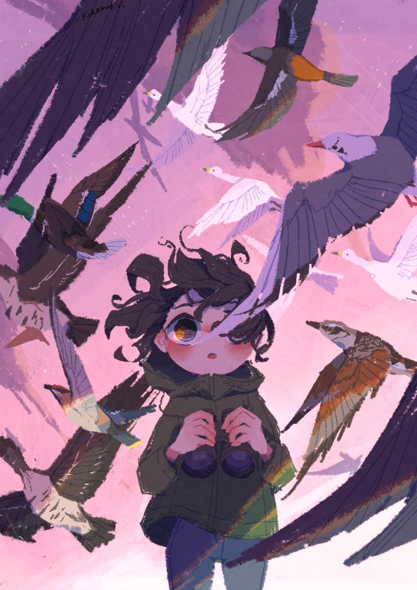 1girl absurdres binoculars bird bird_request black_hair blue_pants blush brown_eyes duck floating_hair flying goose green_jacket hair_over_one_eye highres holding holding_binoculars hood hooded_jacket jacket kokamakiri open_mouth original pants pink_sky sky solo wind